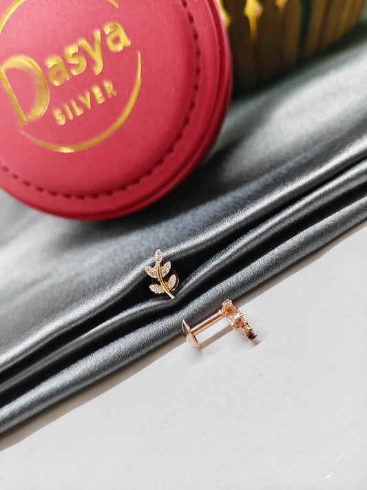 925 Silver Rose Gold Leaf Design With White Stone Earrings