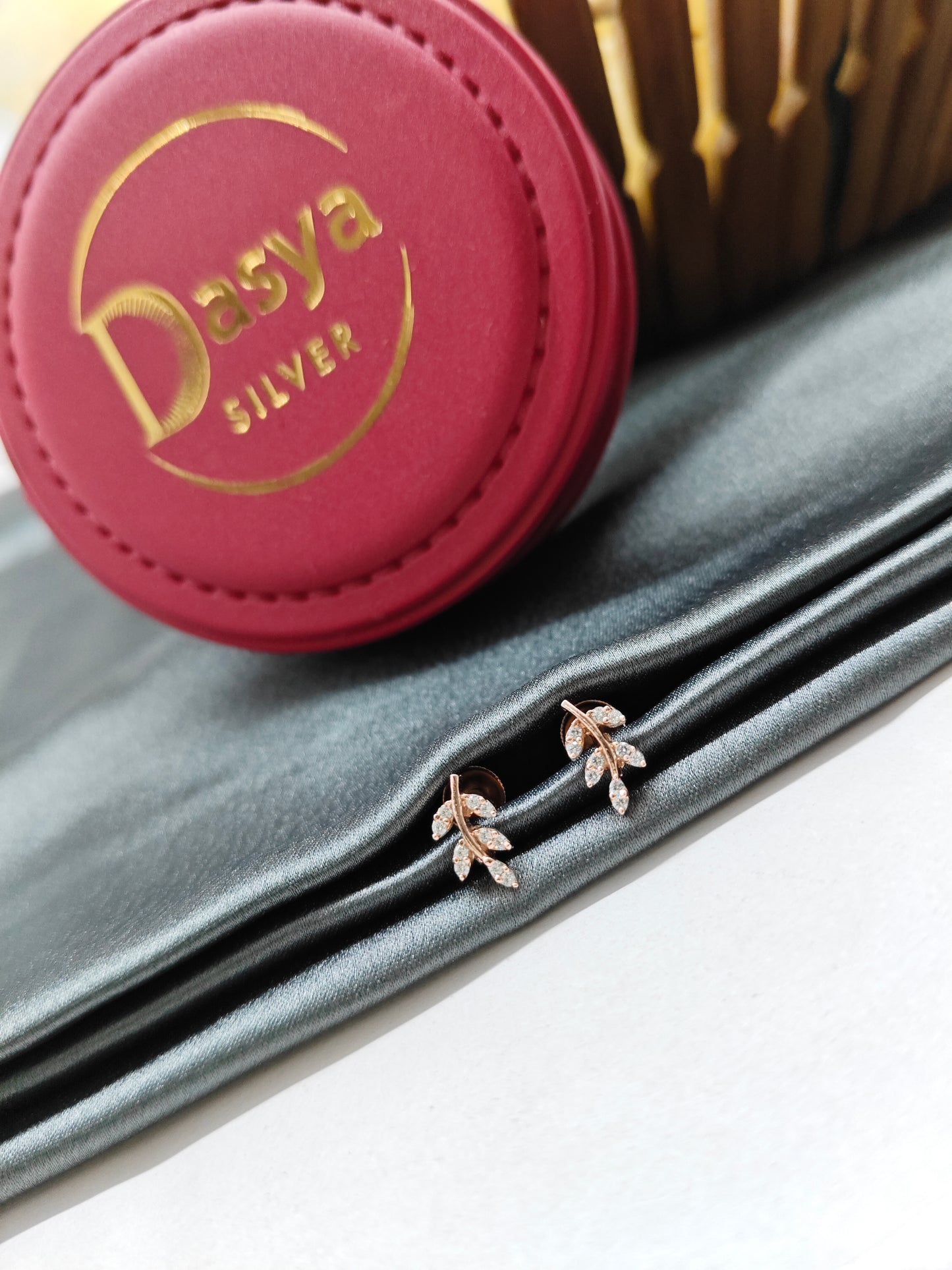 925 Silver Rose Gold Leaf Design With White Stone Earrings