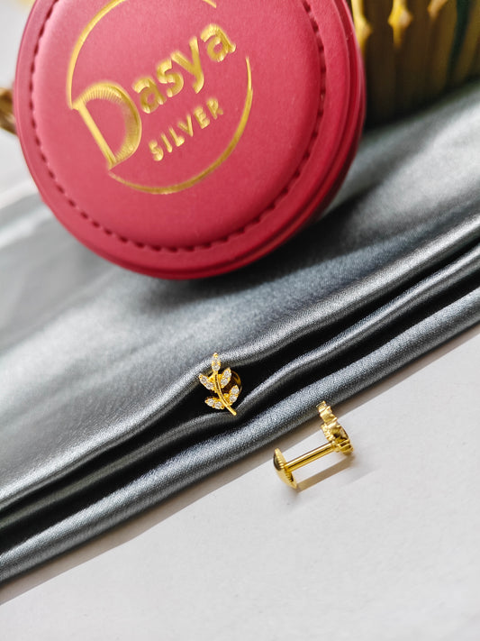 925 Silver Gold Leaf Design With White Stone Earrings