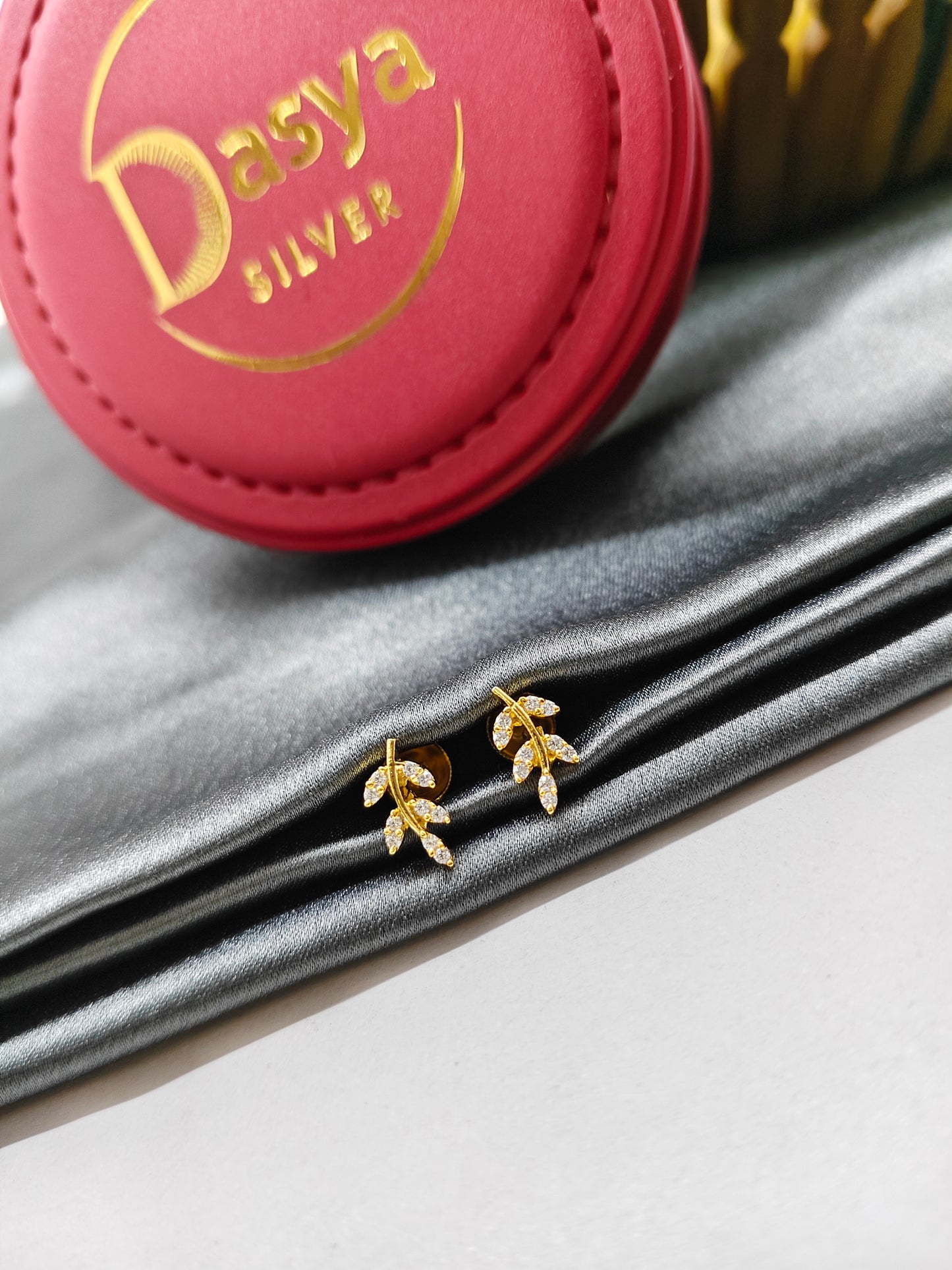 925 Silver Gold Leaf Design With White Stone Earrings