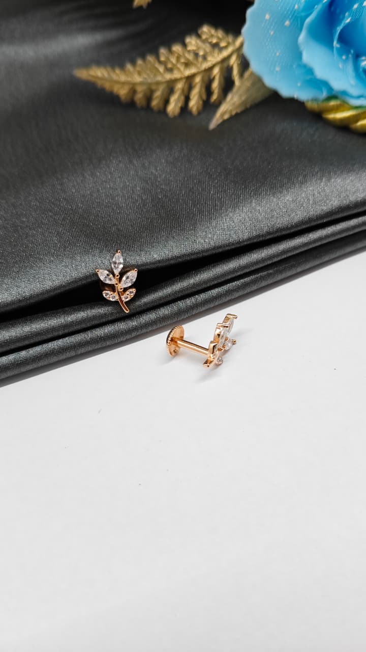 925 Silver Rose Gold Leaf Design With White Stone Earrings