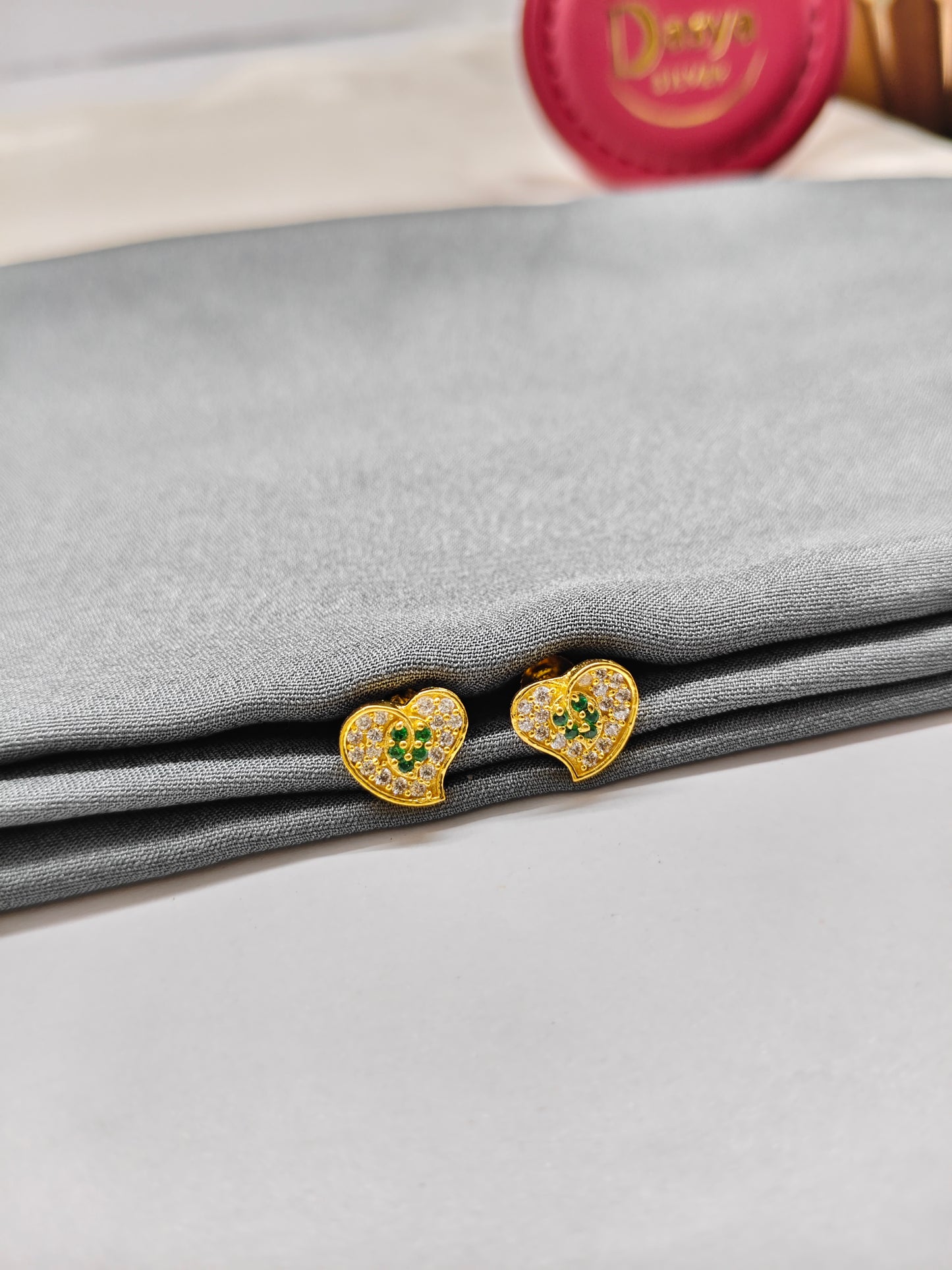 925 Silver Gold Colour Emerald With White Stone Heart Earrings