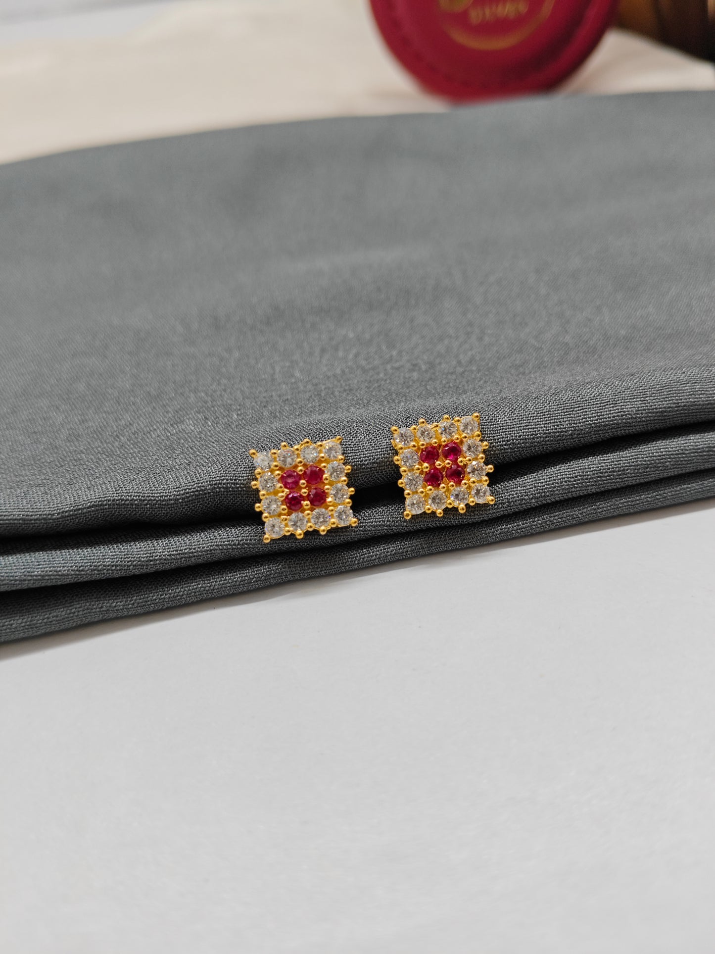 925 Silver Gold Colour Ruby With White Stone Square Design Earrings