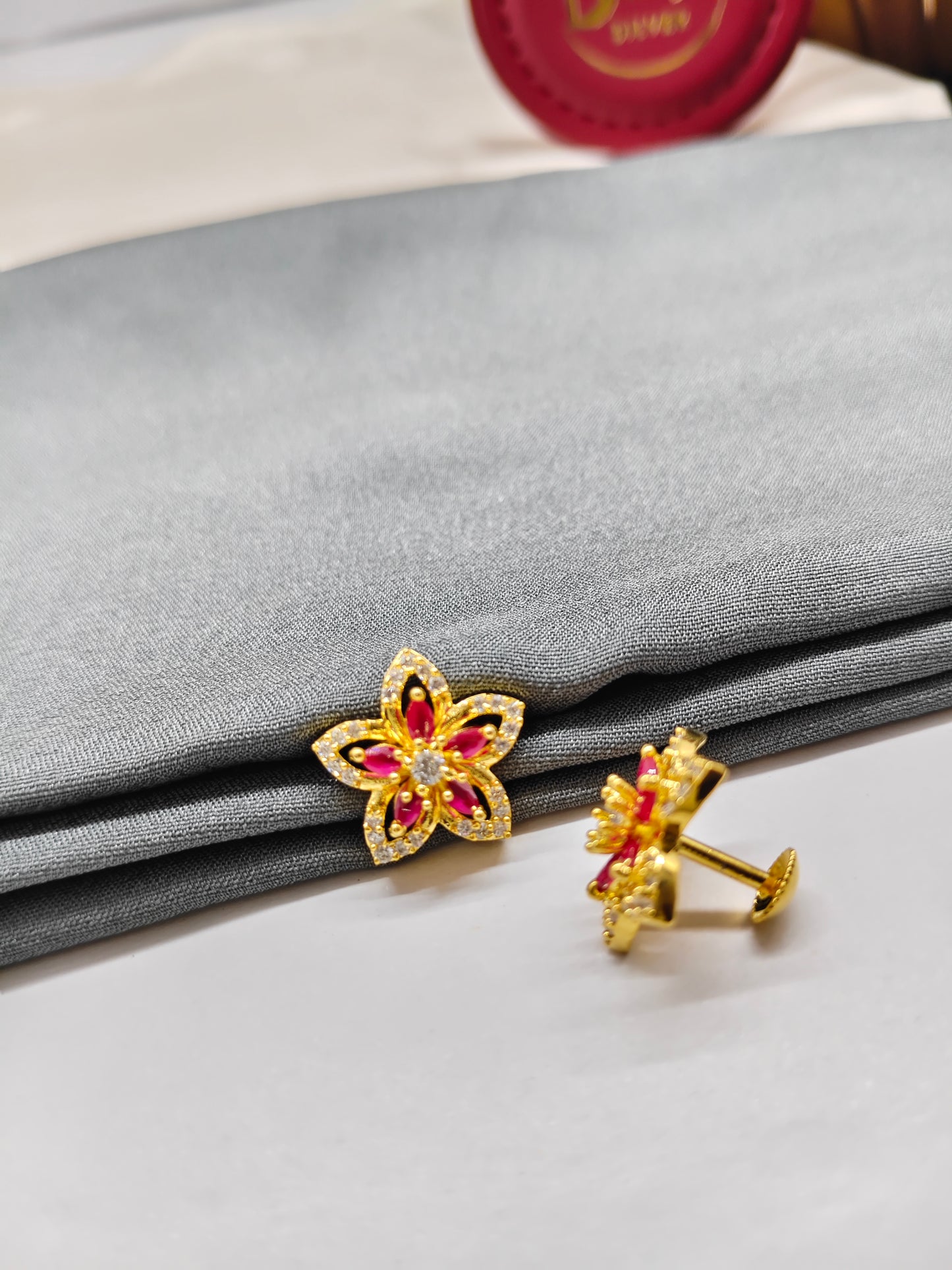925 Silver Gold Colour Ruby With White Stone Star Big Design Earrings