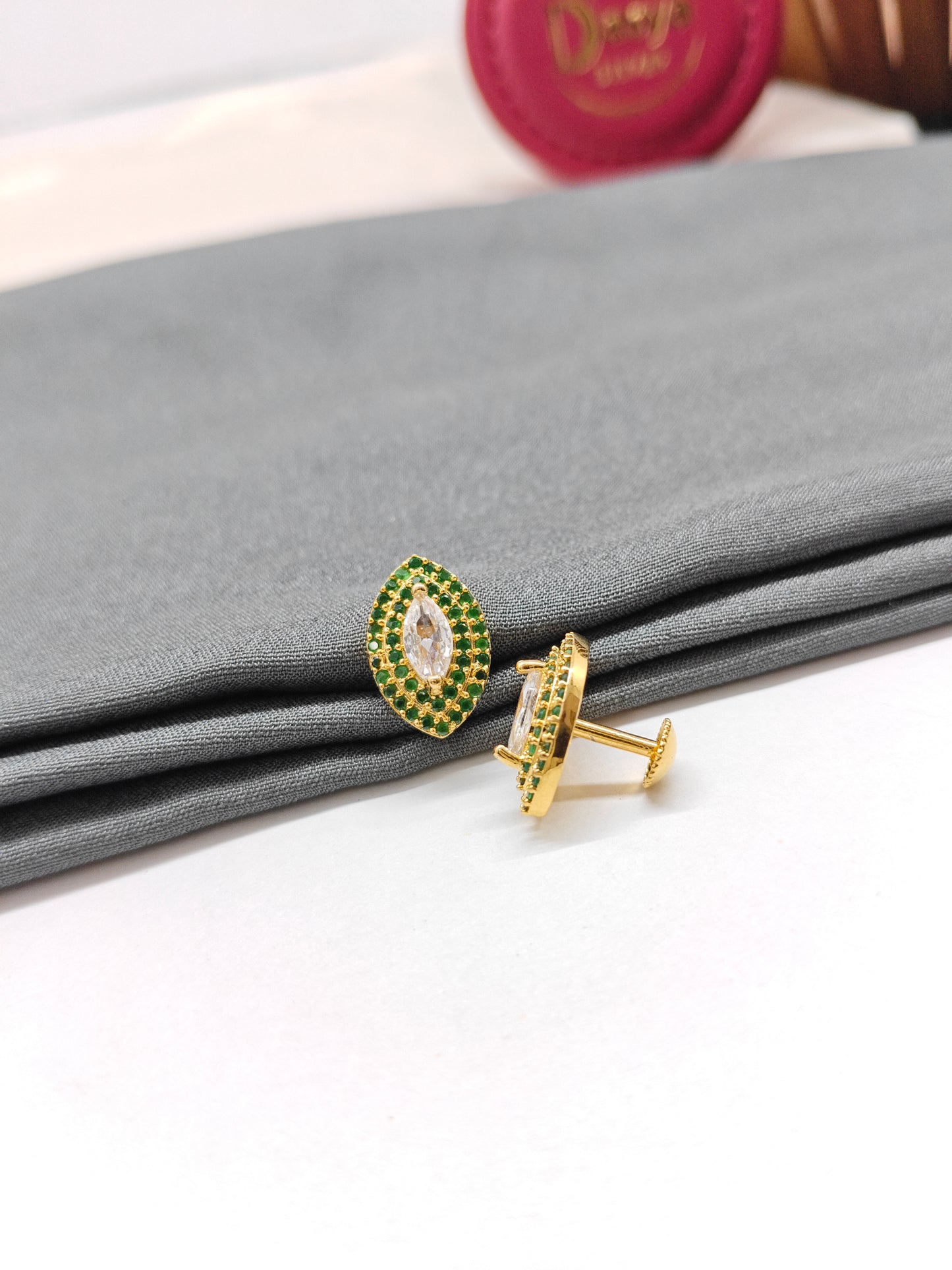 925 Silver Gold Colour Big Oval White With Emerald Stone Earrings