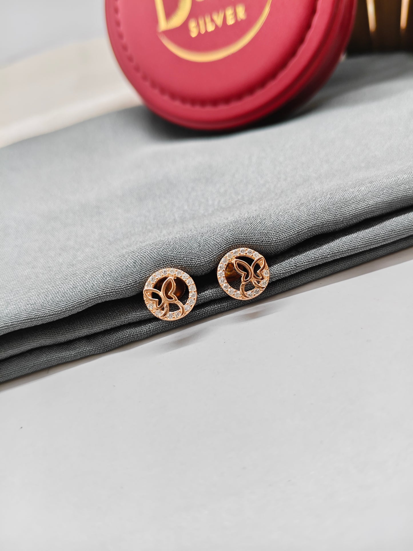 925 Silver Rose Gold Butterfly In Round Design Earrings