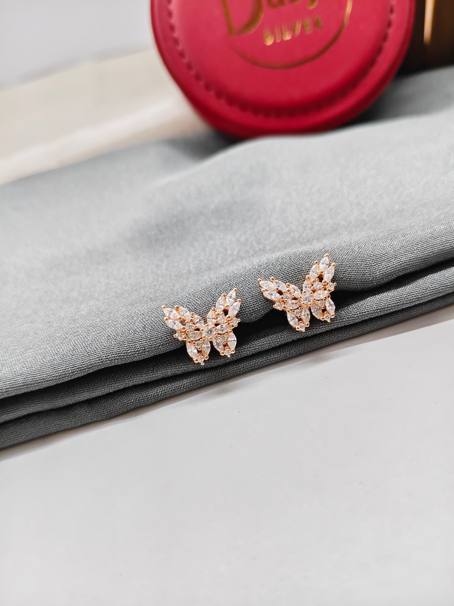 925 Silver Rose Gold Full White Stone Big Butterfly Design Earrings