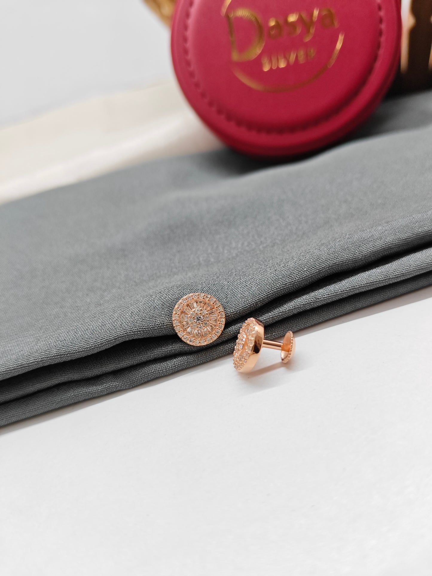 925 Silver Rose Gold Double Chakra Design White Stone Earrings