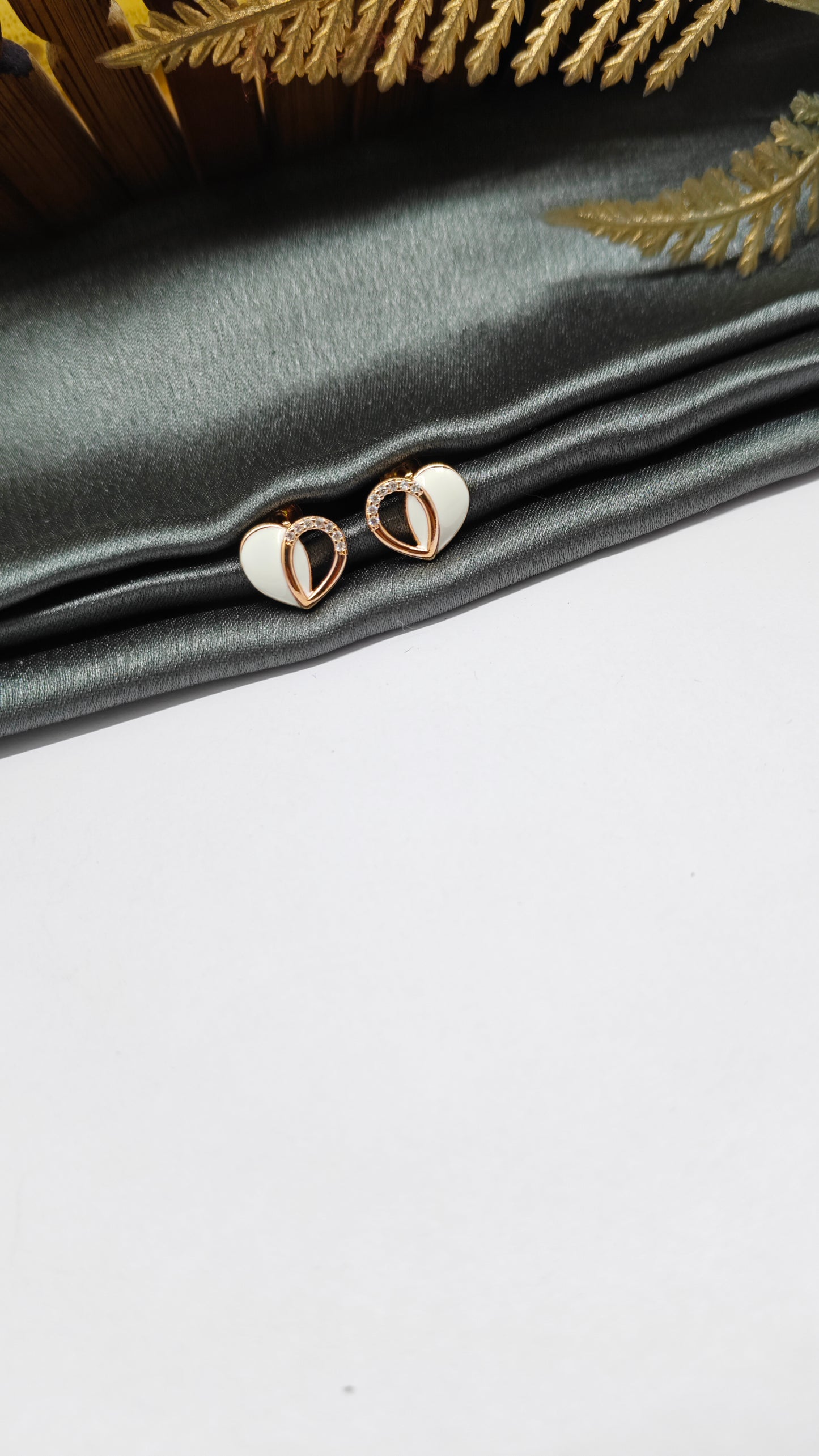 925 Silver Rose Gold Heart Design White Enamel With White Stone Earrings