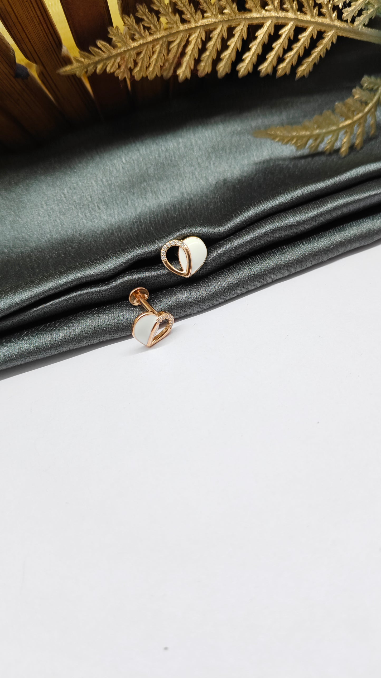 925 Silver Rose Gold Heart Design White Enamel With White Stone Earrings