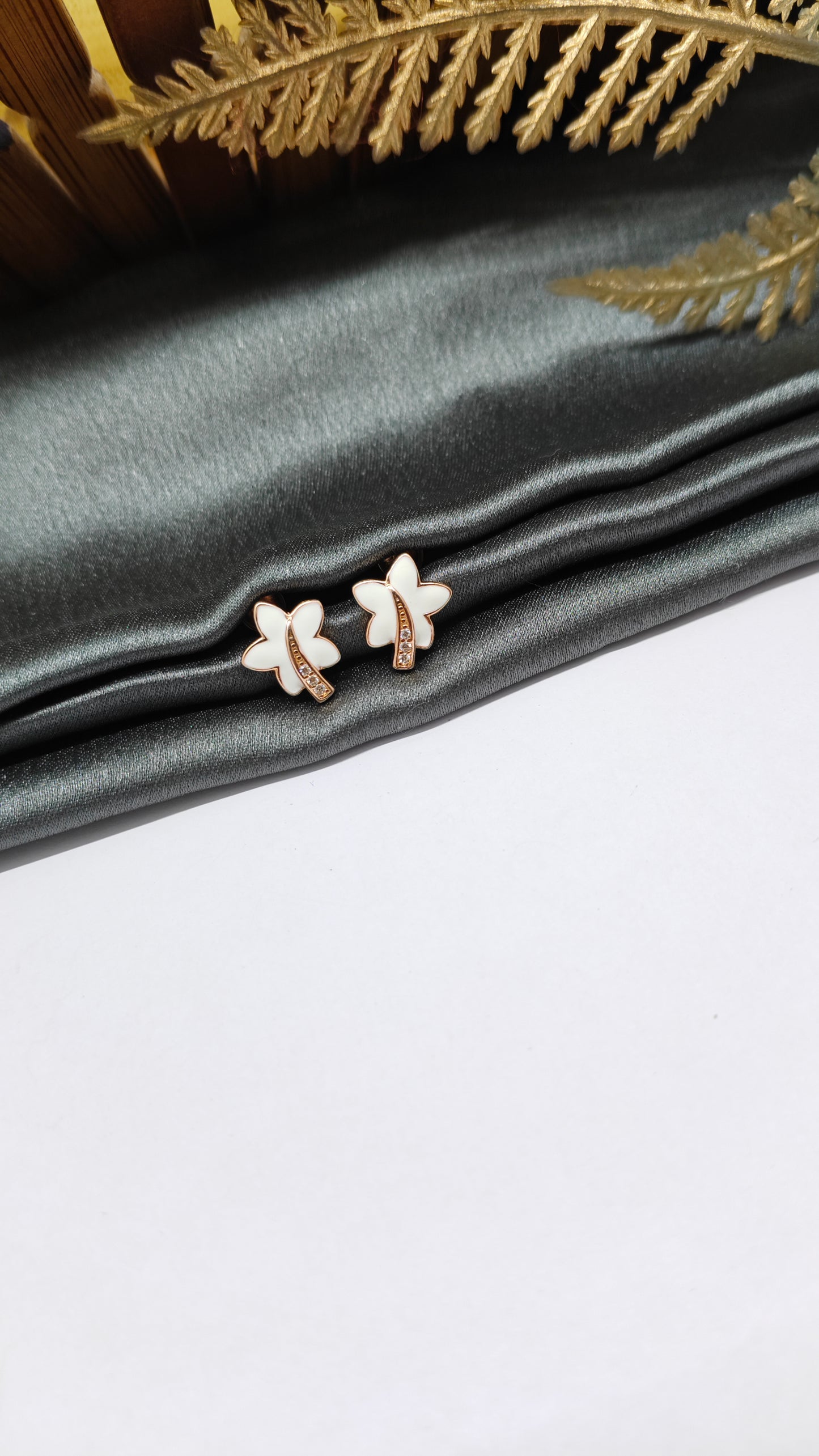 925 Silver Rose Gold Leaf Design White Enamel With White Stone Earrings