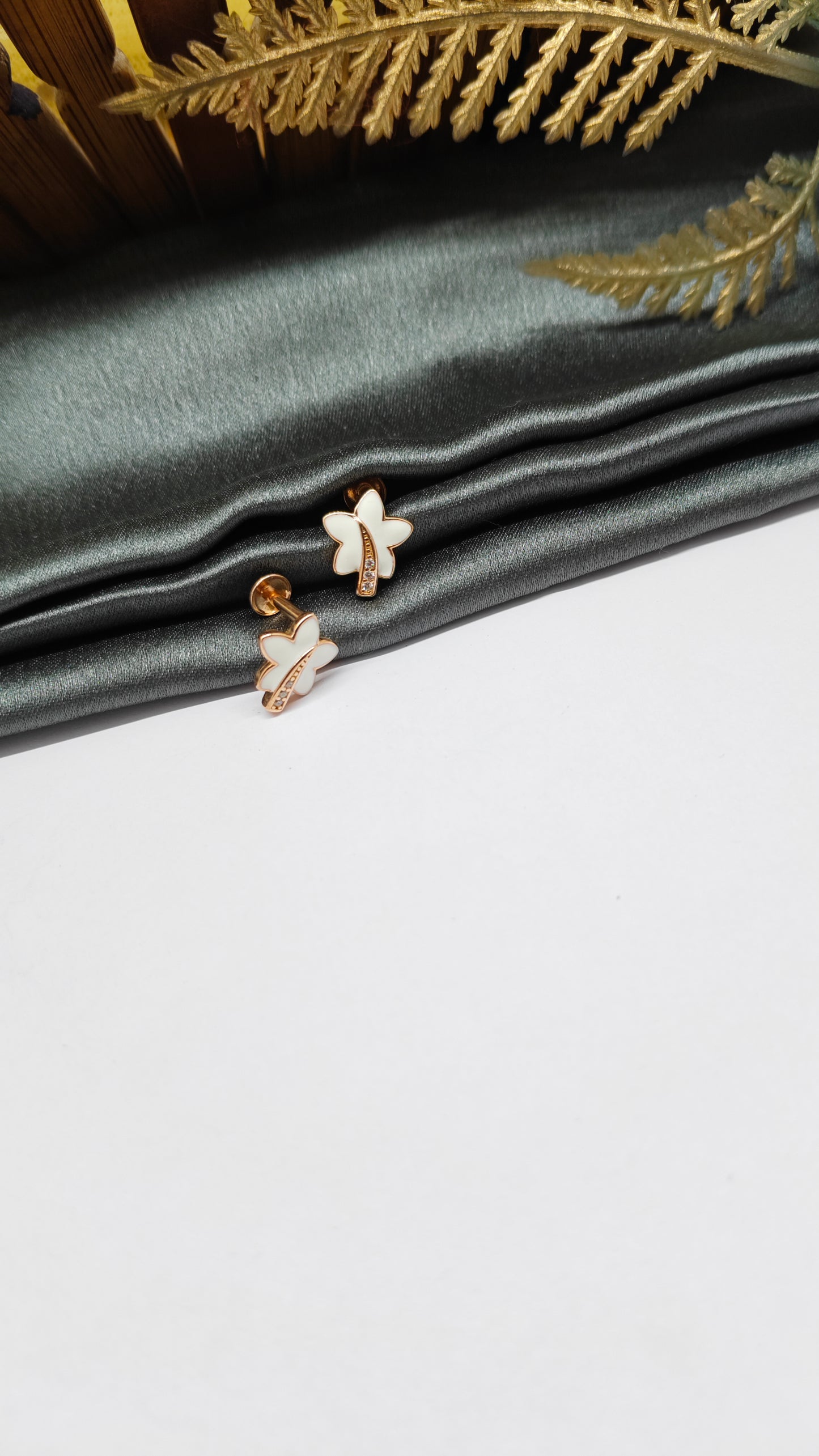 925 Silver Rose Gold Leaf Design White Enamel With White Stone Earrings