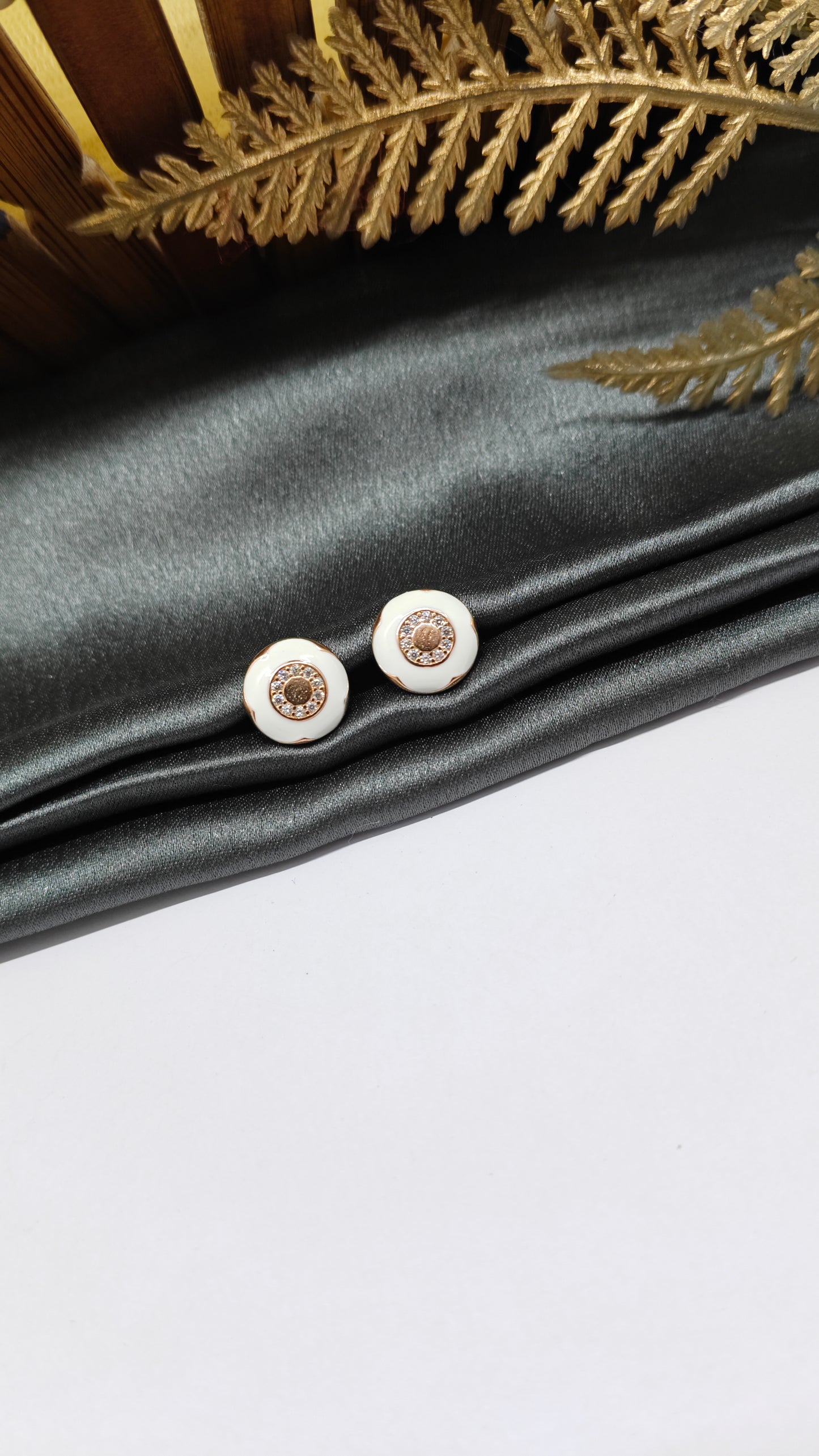 925 Silver Rose Gold Flower Design White Enamel With White Stone Earrings