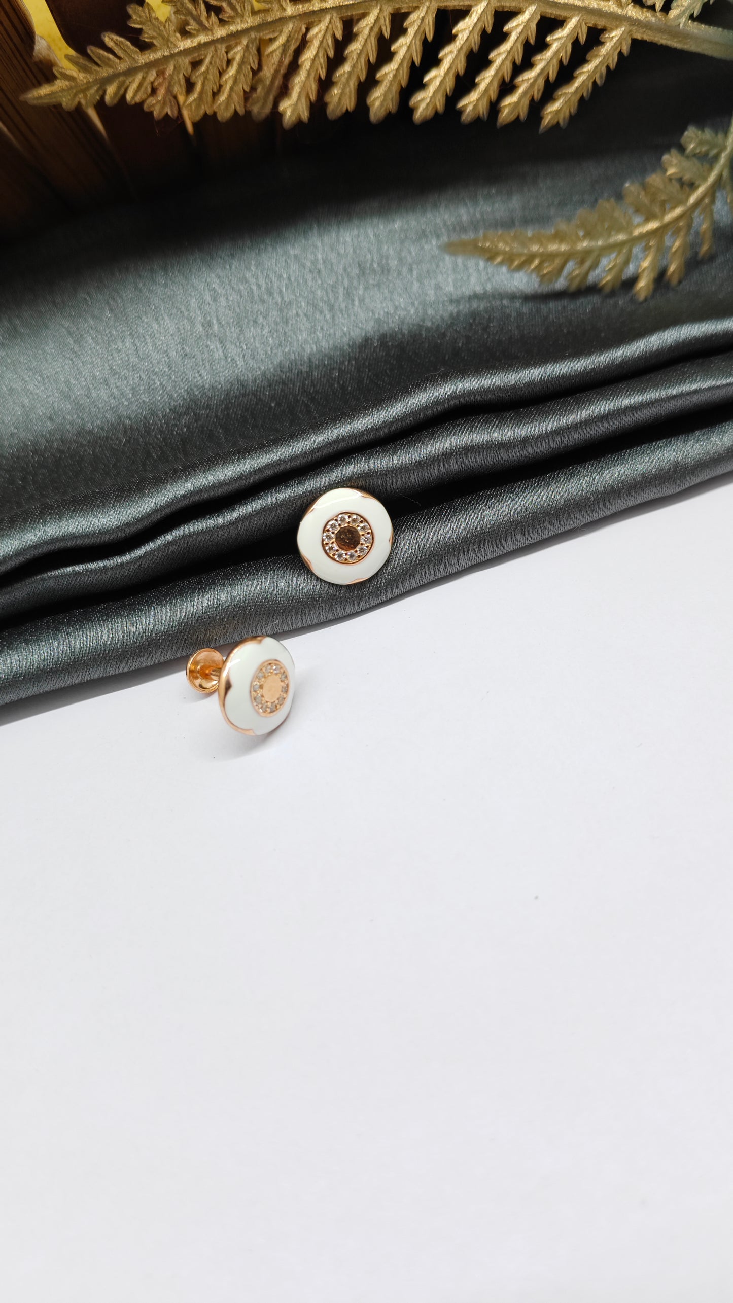 925 Silver Rose Gold Flower Design White Enamel With White Stone Earrings