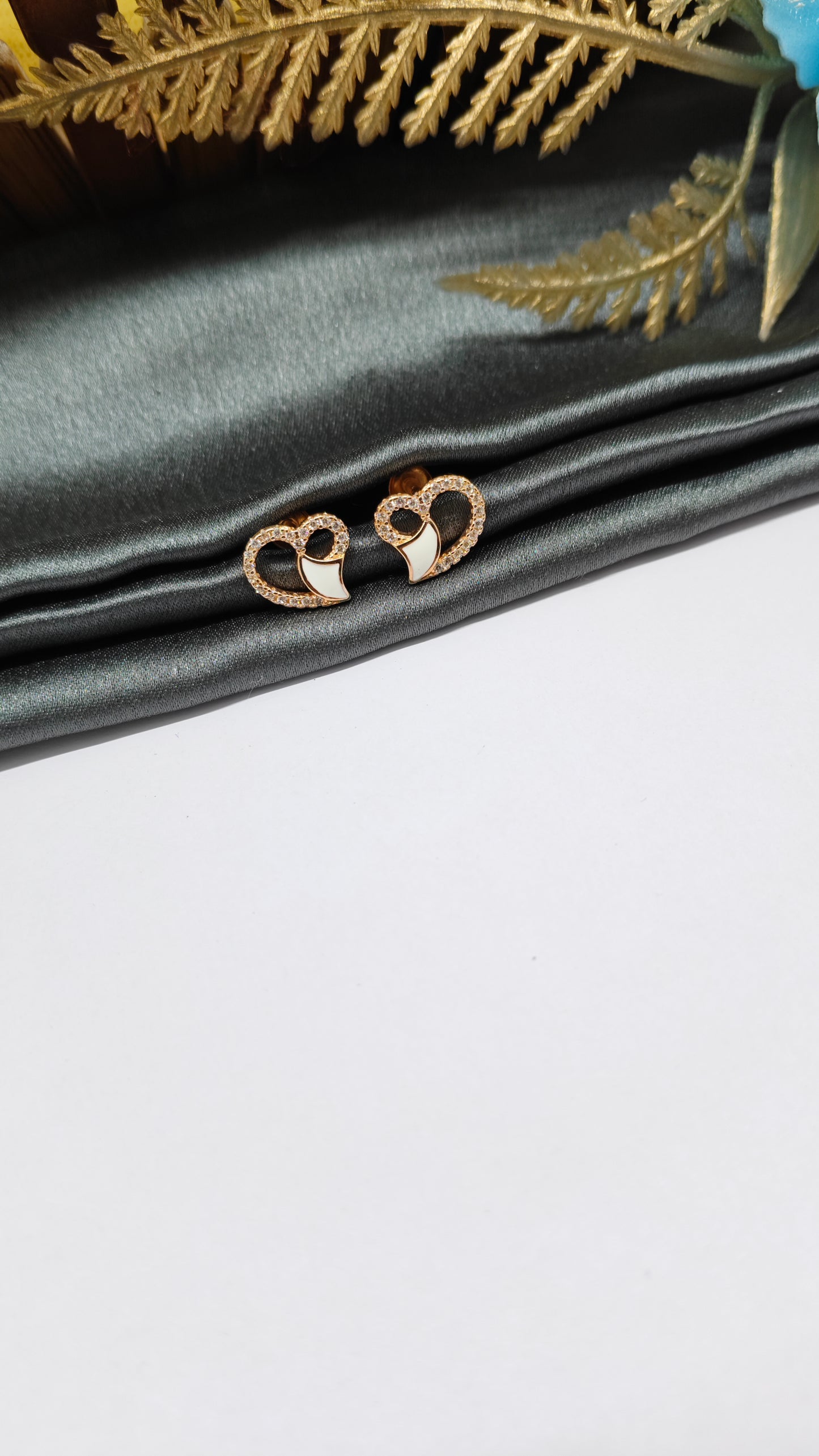 925 Silver Rose Gold Heart Design White Enamel With White Stone Earrings