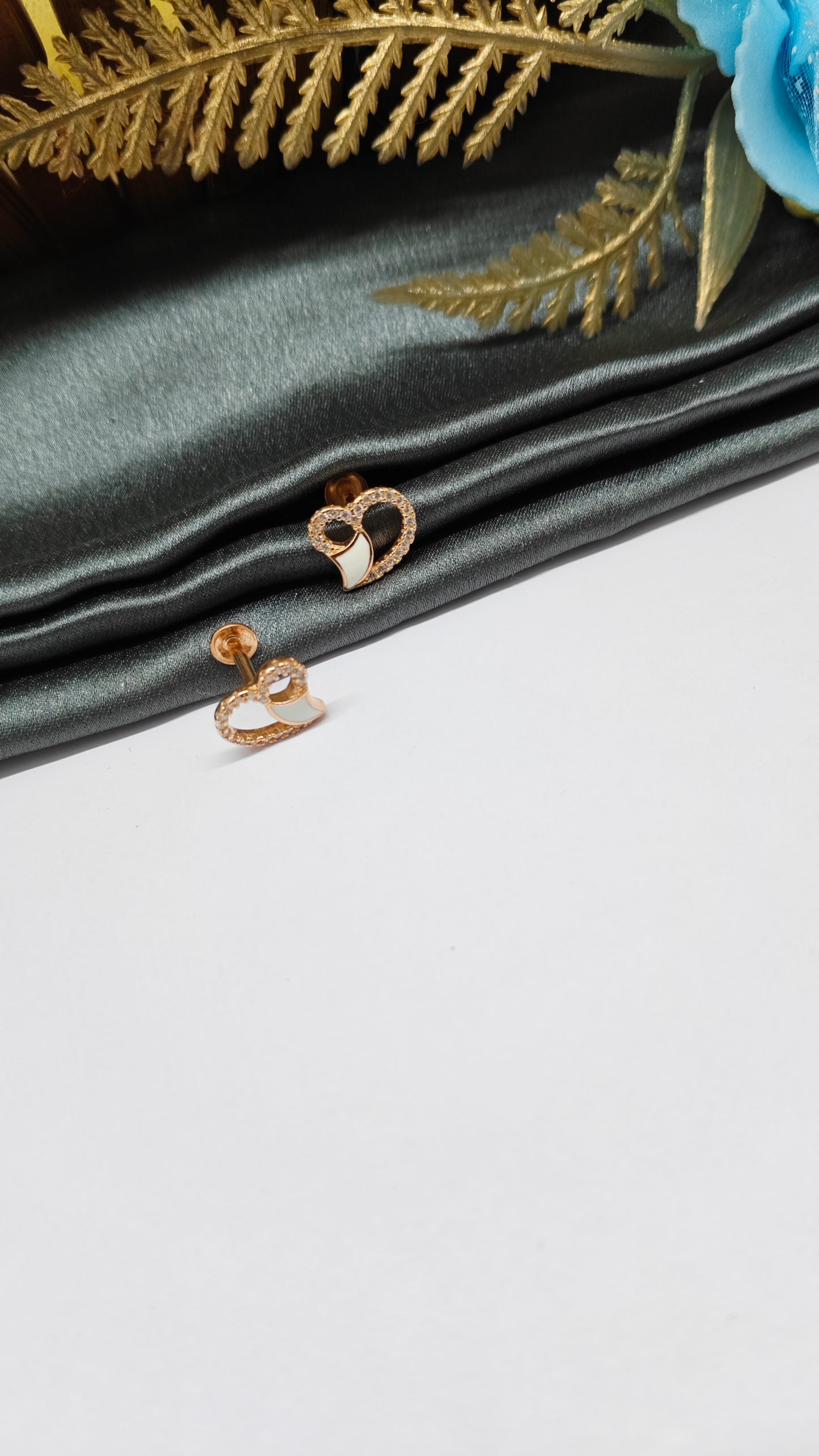 925 Silver Rose Gold Heart Design White Enamel With White Stone Earrings