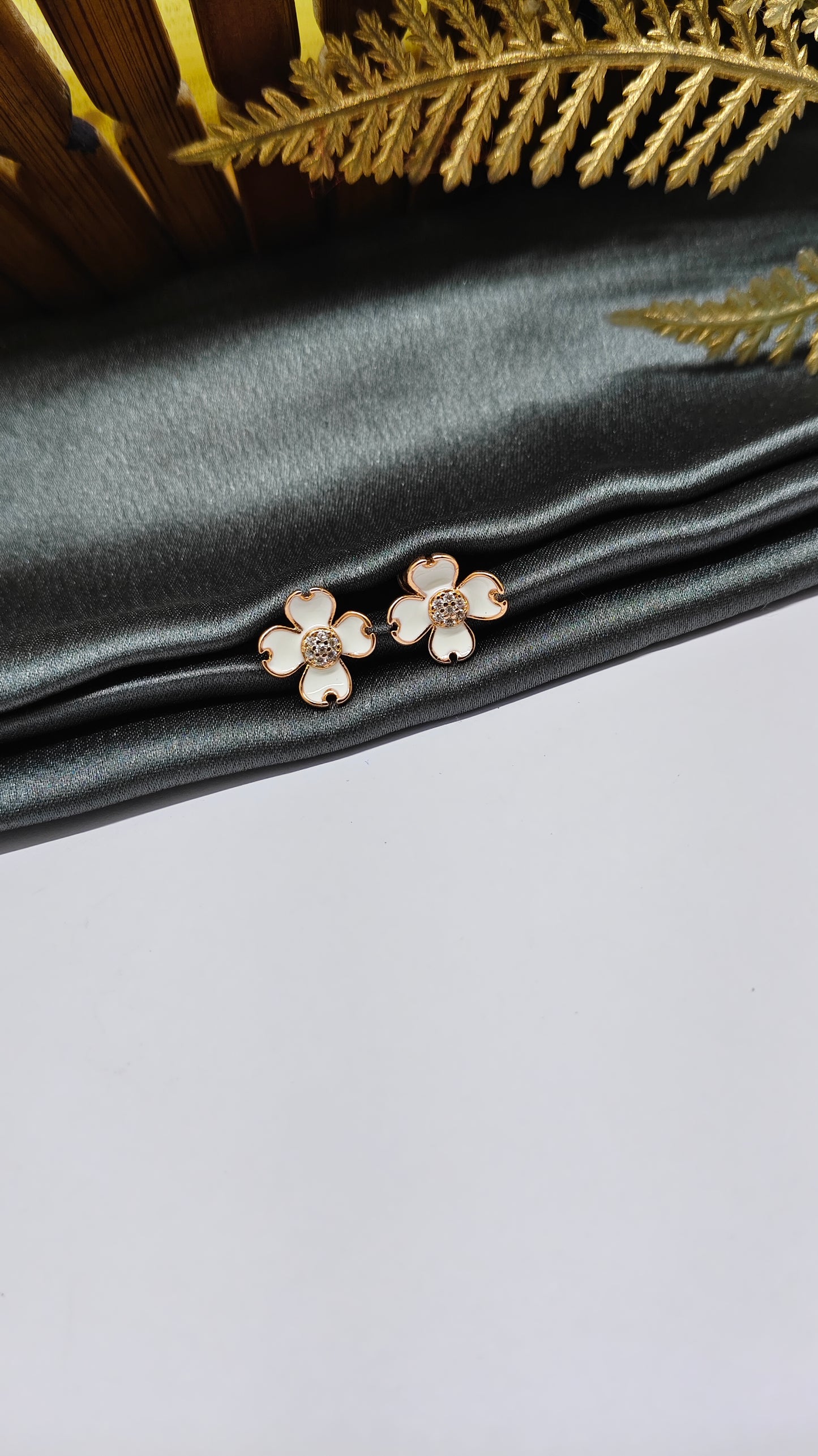 925 Silver Rose Gold Flower Design White Enamel With White Stone Earrings