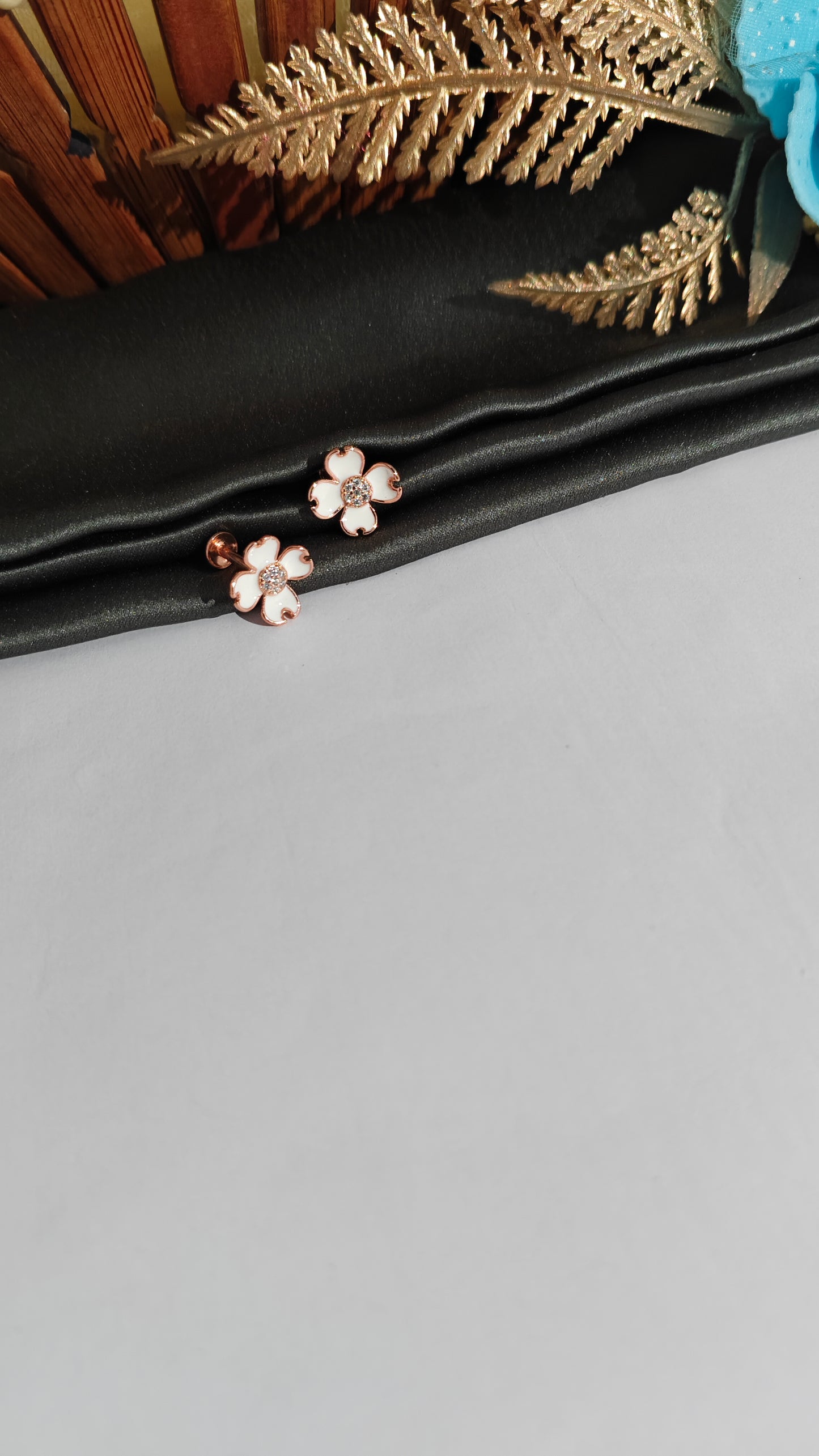 925 Silver Rose Gold Flower Design White Enamel With White Stone Earrings