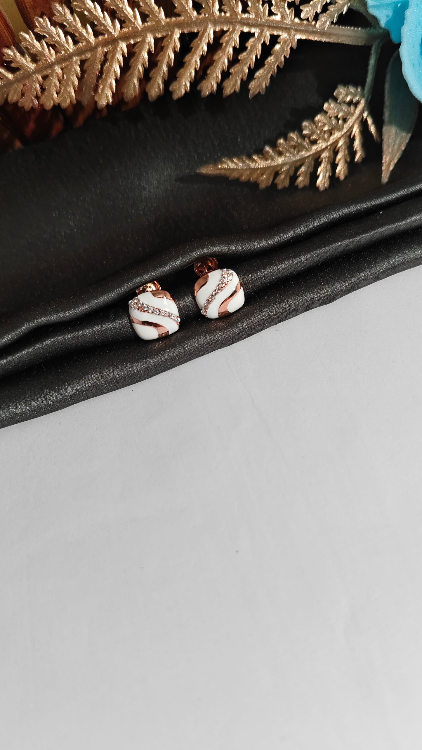 925 Silver Rose Gold Box Design White Enamel With White Stone Earrings