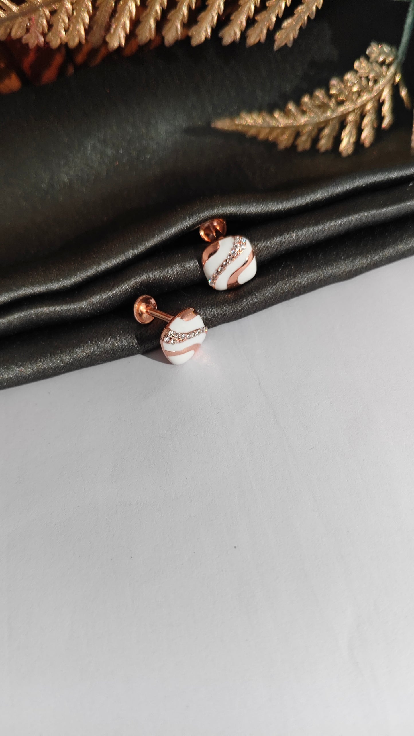 925 Silver Rose Gold Box Design White Enamel With White Stone Earrings