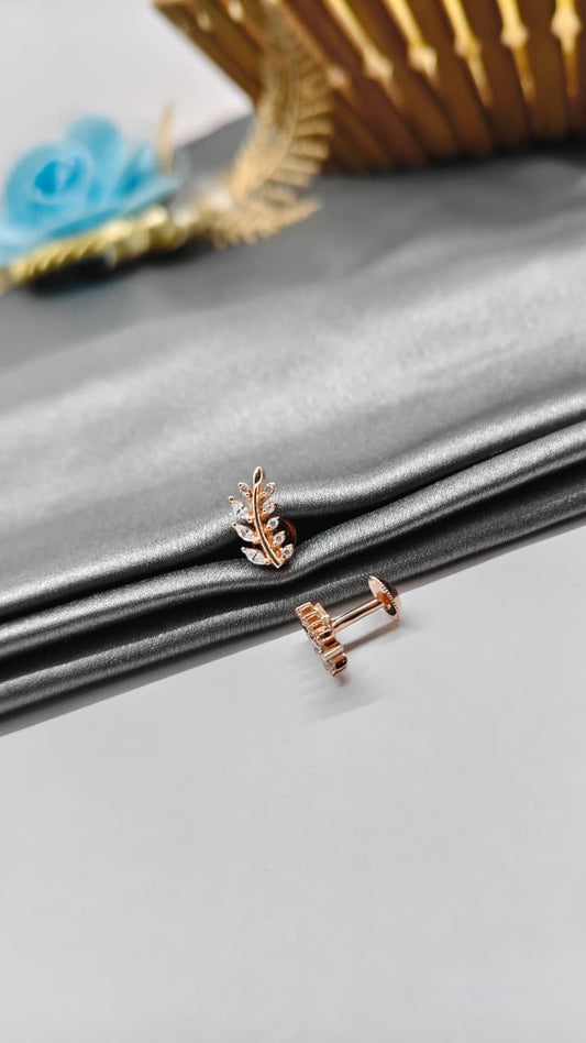 925 Silver Rose Gold Big Leaf White Stone Design Earrings