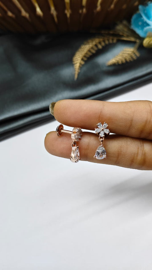 925 Silver Rose Gold Flower Hanging Multiple White Stone Design Earrings