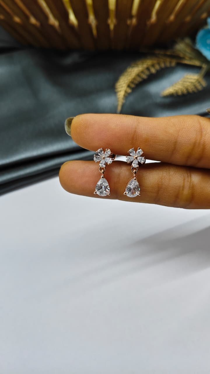 925 Silver Rose Gold Flower Hanging Multiple White Stone Design Earrings