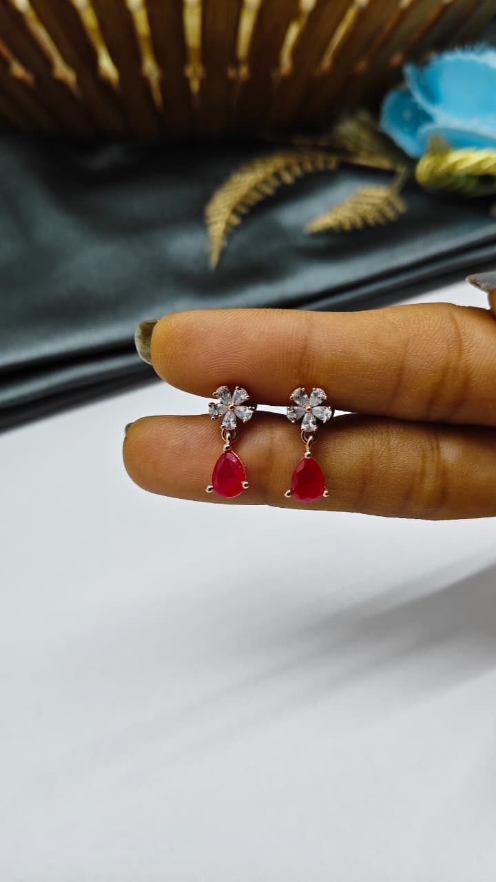 925 Silver Rose Gold Flower Hanging White With Red Stone Design Earrings