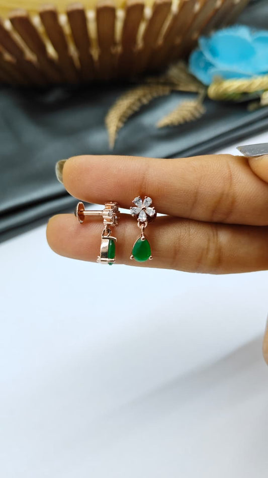 925 Silver Rose Gold Flower Hanging White With Green Stone Design Earrings