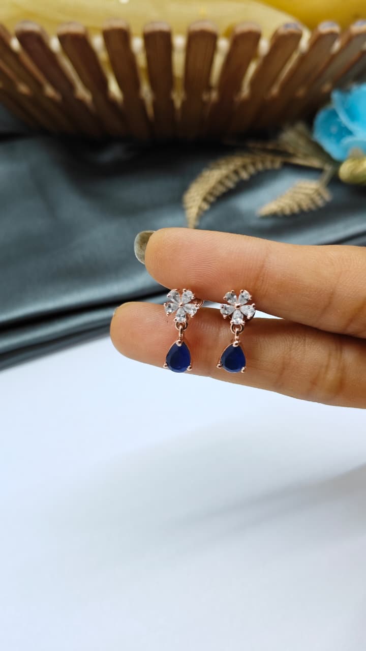 925 Silver Rose Gold Flower Hanging White With Blue Stone Design Earrings