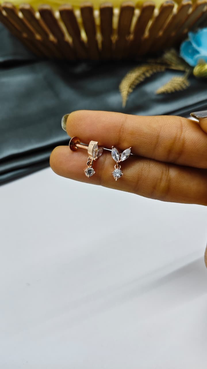 925 Silver Rose Gold 2 Butterfly Hanging White Stone Design Earrings
