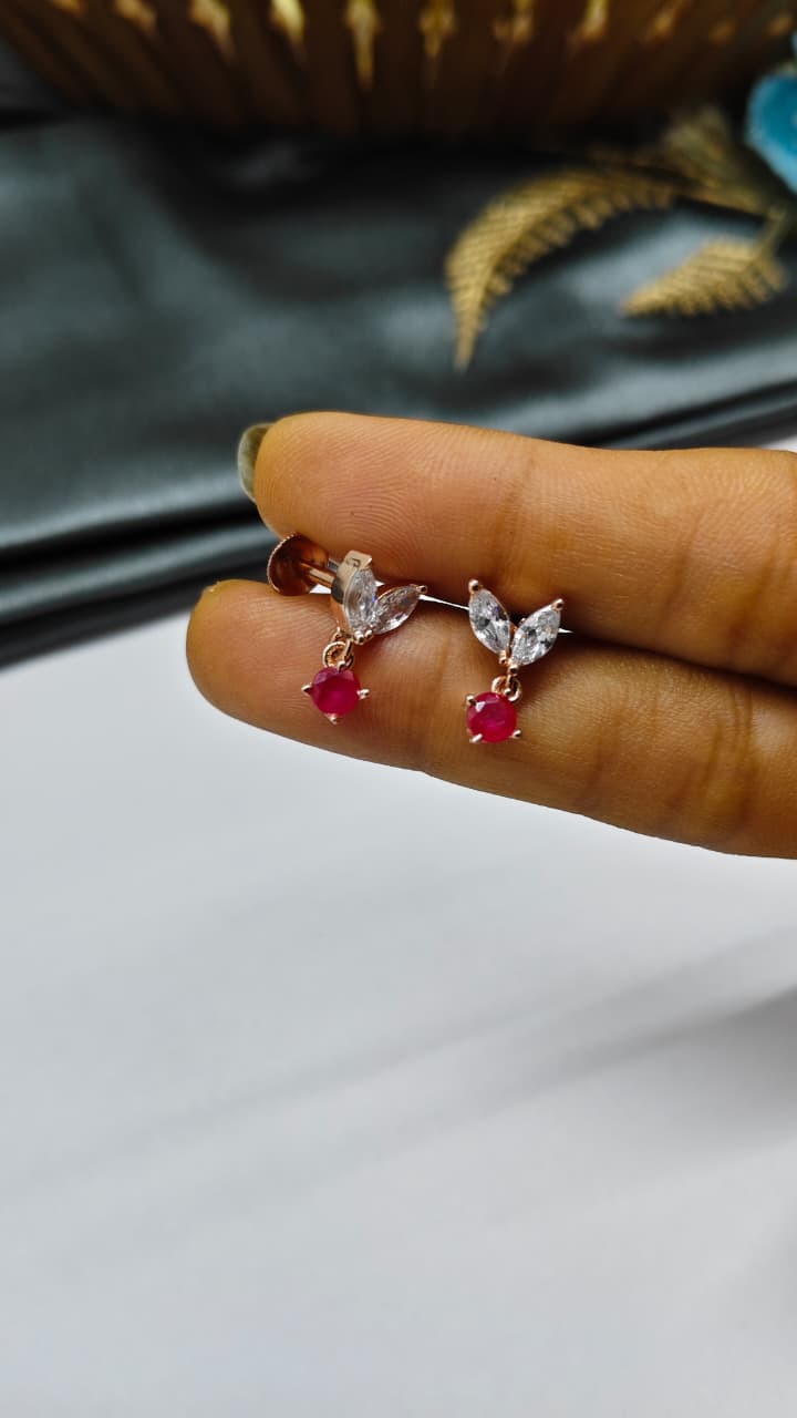 925 Silver Rose Gold 2 Butterfly Hanging White With Red Stone Design Earrings