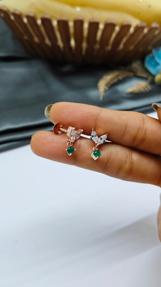 925 Silver Rose Gold 2 Butterfly Hanging White With Green Stone Design Earrings