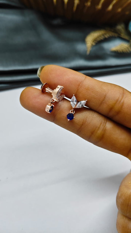 925 Silver Rose Gold 2 Butterfly Hanging White With Blue Stone Design Earrings