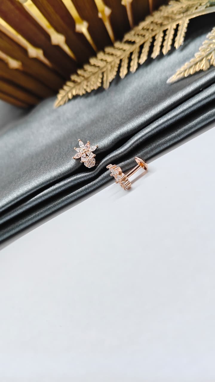 925 Silver Rose Gold Small Pineapple Design White Stone Earrings