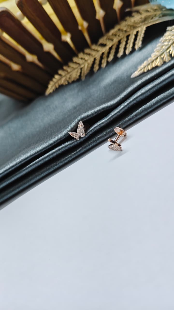925 Silver Rose Gold Small Butterfly Design White Stone Earrings