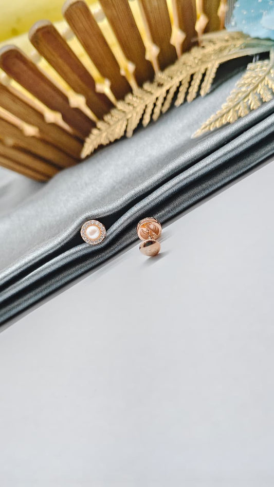 925 Silver Rose Gold Medium Size Pearl Round Design White Stone Earrings