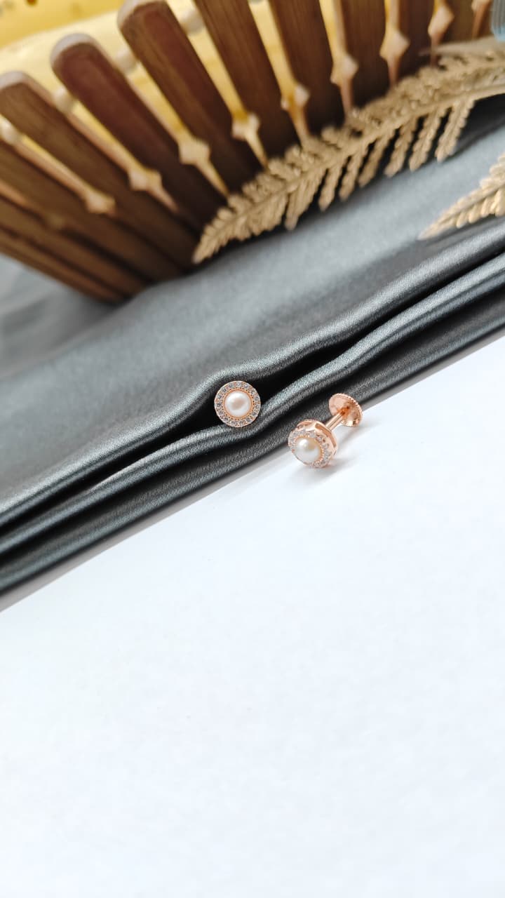 925 Silver Rose Gold Medium Size Pearl Round Design White Stone Earrings