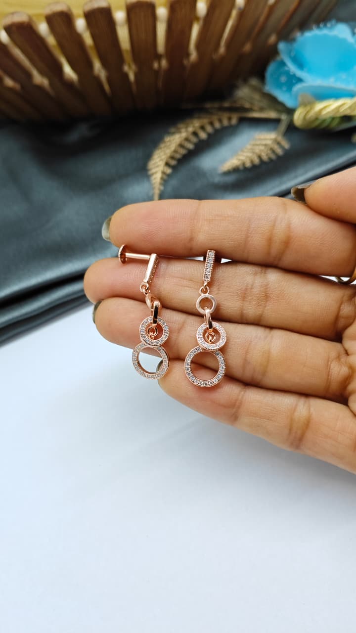 925 Silver Rose Gold 3 Rings Design White Stone Hanging Earrings