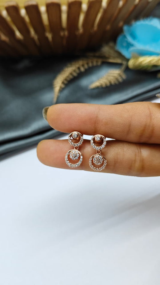 925 Silver Rose Gold Round Circle Design White Stone Hanging Earrings
