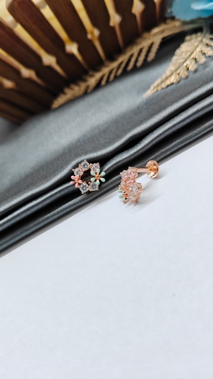 925 Silver Rose Gold Pearl Enamel Colour 2 Flower Design White Stone Earrings