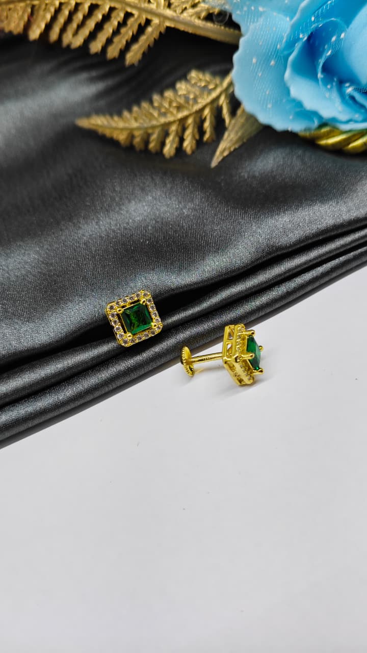 925 Silver Gold Colour Big Green Stone With Small White Stones Box Design Earrings