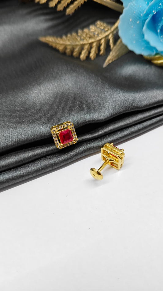 925 Silver Gold Colour Big Red Stone With Small White Stones Box Design Earrings