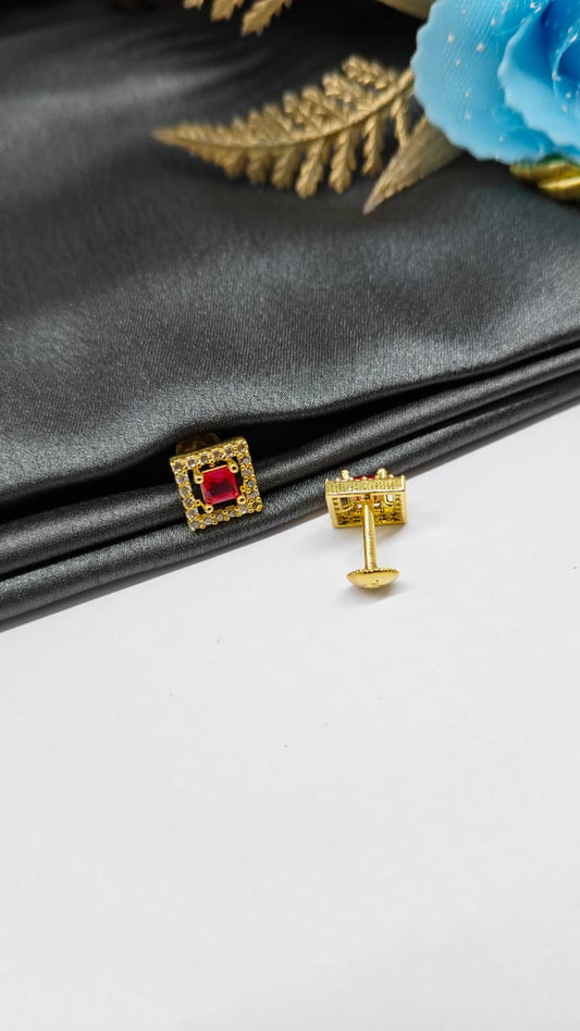 925 Silver Gold Colour Big Red Stone With Small White Stones Box Design Earrings