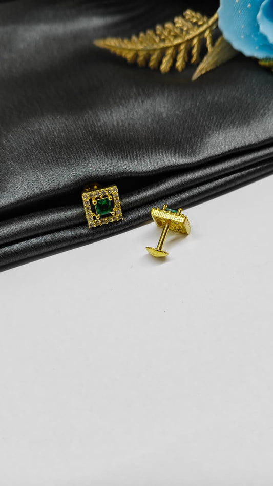 925 Silver Gold Colour Big Green Stone With Small White Stones Box Design Earrings