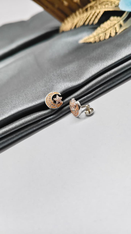 925 Silver Double Tone Colour Moon Star Design With White Stone Earrings