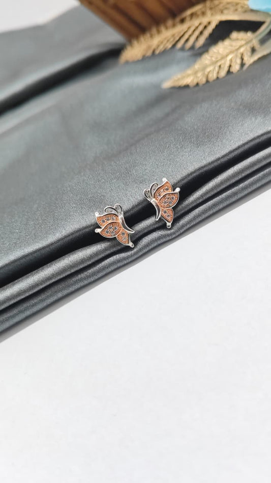 925 Silver Double Tone Colour Side Butterfly Design With White Stone Earrings
