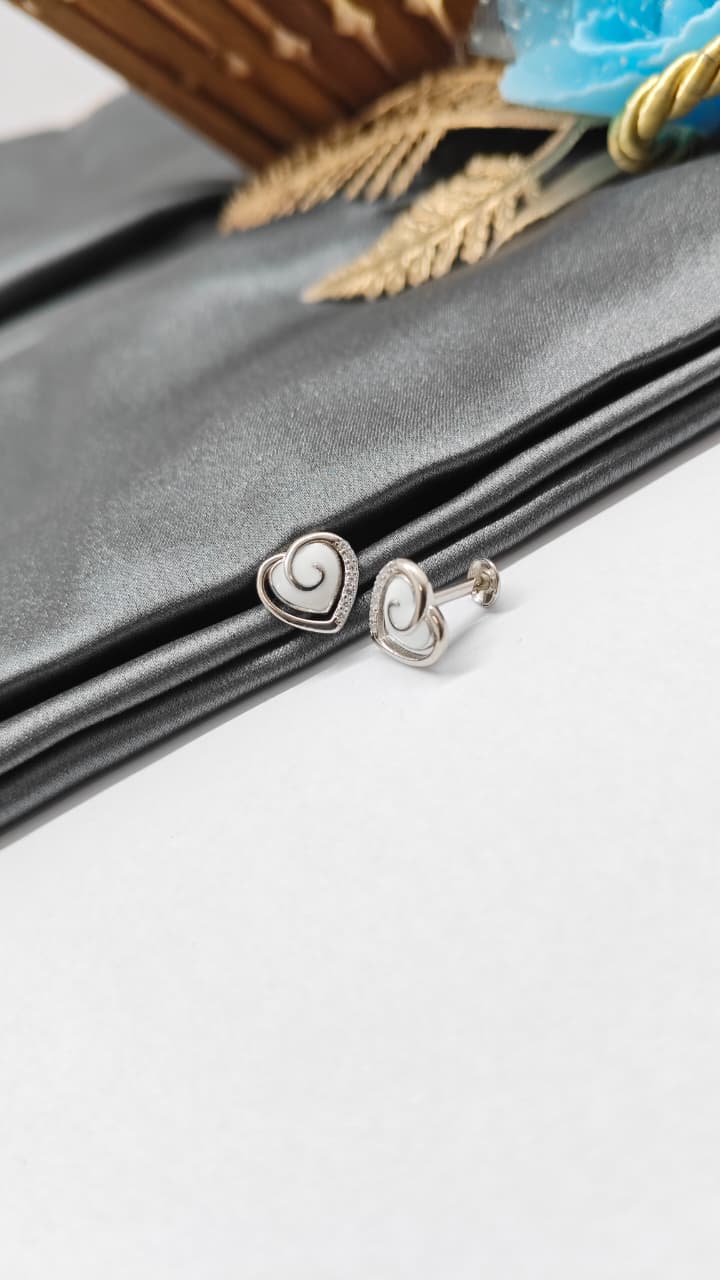 925 Silver Regular Silver Colour Heart Design White Enamel With White Stone Earrings