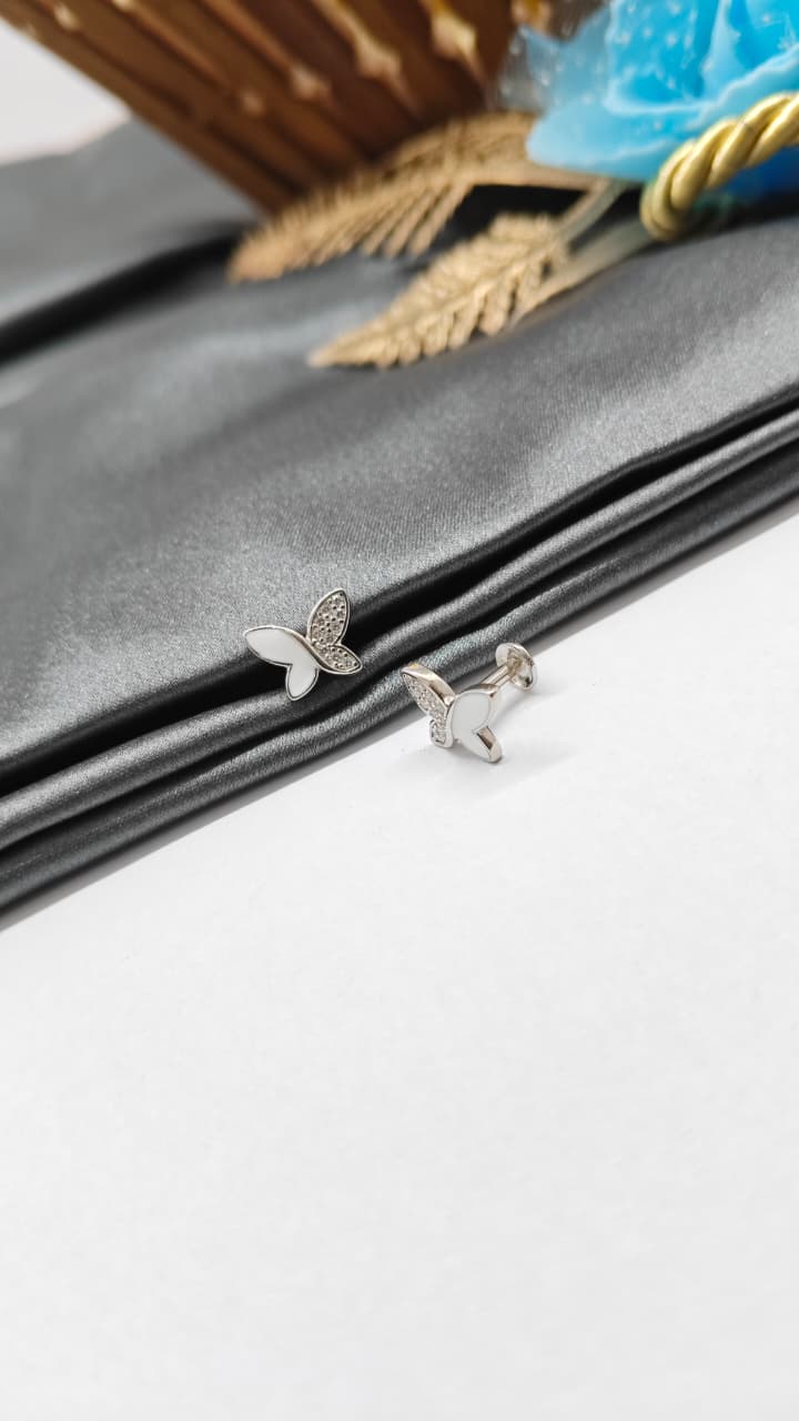 925 Silver Regular Silver Colour Butterfly Design White Enamel With White Stone Earrings