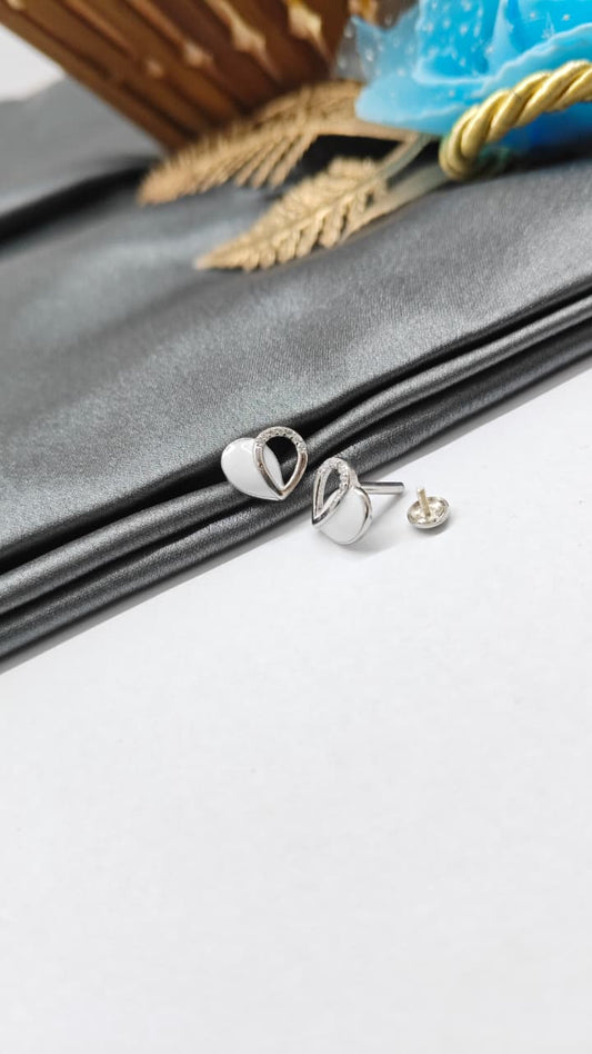 925 Silver Regular Silver Colour Heart Design White Enamel With White Stone Earrings